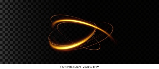 Shiny vortex rings shimmer on a transparent background. Sparkling circles with light effect. Light circle swirl neon lighting effect, spiral light lines.