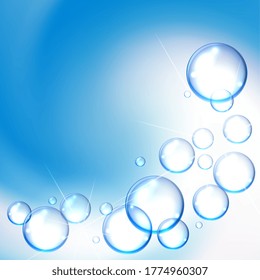 burbujas de agua brillante fondo sobre fondo azul