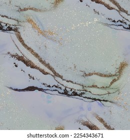 Shiny Water Color Watercolor. Gold Marble Watercolor. Light Seamless Glitter. Blue Abstract Background. Luxury Alcohol Ink Canvas. Green Water Color Marble. Foil Art Paint. Luxury Seamless Painting.