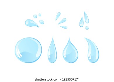 Shiny water drops illustration. Hand drawn blue sparkly liquid set isolated on white background. Puddle, drinking water, water festival decoration elements. Cartoon light colors splashes collection.