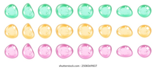 Shiny water or essence droplets. Vector isolated set of realistic drops of serum or lotion, cream or beauty products. Pure ecological natural aqua, juice or oil with coloring. Skin care