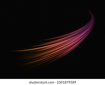 Shiny wave design comet with sparks and particles. Motion speed background. Magic bright trail on transparent background. Glowing fire lines effect.