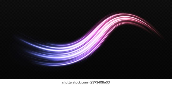 Shiny wave design element with light effect. Magic motion lines on transparent background. Glittering cosmic trail.