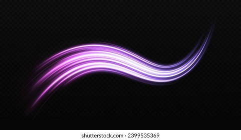 Shiny wave design element with light effect. Magic motion lines on transparent background. Glittering cosmic trail.