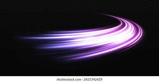 Shiny wave design element with light effect. Magic motion lines on transparent background. Glittering cosmic trail.