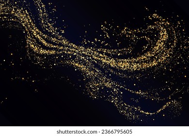 Shiny wave, golden confetti. Vector golden sparkling comet tail on a black background.