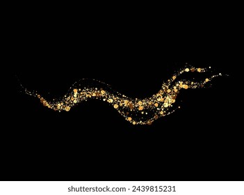 Shiny wave on a black background. Scattered gold particles. Festive background or design element.
