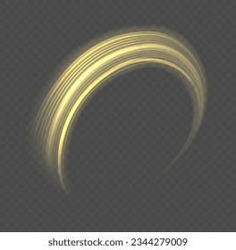 Shiny wavy trail. Glowing shiny spiral lines abstract speed of light and shiny wavy trail. Abstract speed motion vector effect. Glitter golden swirl on transparent background. Twist light line yellow.