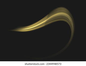 Shiny wavy trail. Glowing shiny spiral lines abstract speed of light and shiny wavy trail. Abstract speed motion vector effect. Glitter golden swirl on transparent background. Twist light line yellow.