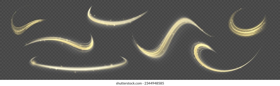 Shiny wavy trail. Glowing shiny spiral lines abstract speed of light and shiny wavy trail. Abstract speed motion vector effect. Glitter golden swirl on transparent background. Twist light line yellow.