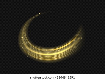 Shiny wavy trail. Glowing shiny spiral lines abstract speed of light and shiny wavy trail. Abstract speed motion vector effect. Glitter golden swirl on transparent background. Twist light line yellow.