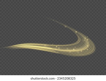 Shiny wavy trail. Glowing shiny spiral lines abstract speed of light and shiny wavy trail. Abstract speed motion vector effect. Glitter golden swirl on transparent background. Twist light line yellow.