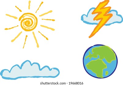 Shiny weather icons - Sunshine, cloud, lightening and globe  for your weather based designs.