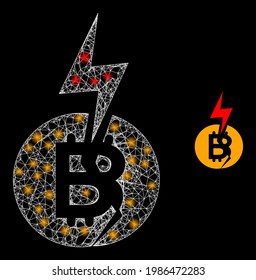 Schlaues Web-Bitcoin-Absturz mit leuchtenden Flecken. Flachnetz-Drahtgitter, erzeugt mit durchkreuzten weißen Linien und dem Bitcoin-Crash-Symbol. Weißes Maschen und funkelndes Maschen-Maschen-Bitcoin-Absturz auf schwarzem Hintergrund.