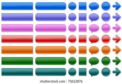 Botões brilhantes da web em várias cores. Todos os elementos são separados. O arquivo está em camadas.
