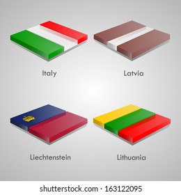 Shiny web glossy bricks buttons with european country flags. Vector Illustration. Italy, Latvia, Liechtenstein, Lithuania