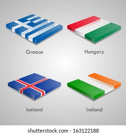 Shiny web glossy bricks buttons with european country flags. Vector Illustration. Greece, Hungary, Iceland, Ireland