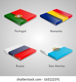 Shiny web glossy bricks buttons with european country flags. Vector Illustration. Portugal, Romania, Russia, San Marino