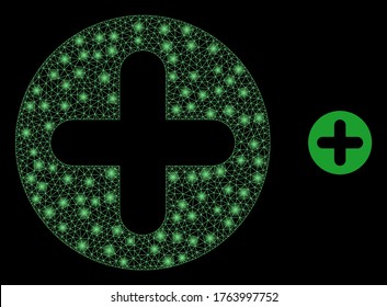 Una malla web brillante con focos de luz. Modelo vectorial 2d iluminado creado a partir del icono de adición. Malla de malla de cáscara de espuma de adición poligonal. Malla plana de la canal de cables en formato EPS vectorial, líneas, sobre un fondo negro.