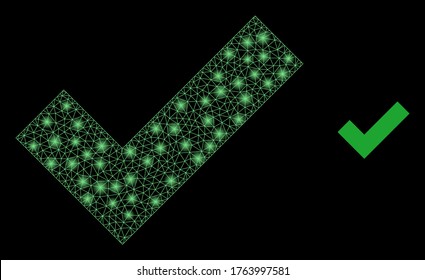 Shiny web mesh apply tick with glowing spots. Illuminated vector 2d constellation created from apply tick icon. Sparkle frame mesh polygonal apply tick. Wire frame 2D mesh in vector format, lines,