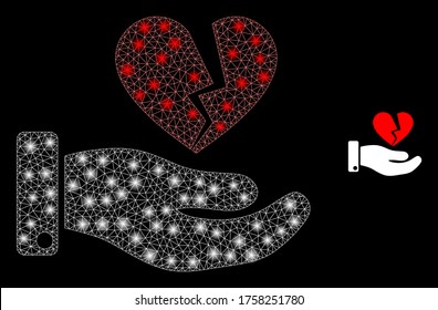 Shiny web mesh break heart offer with lightspots. Illuminated vector 2d constellation created from break heart offer icon. Sparkle frame mesh polygonal break heart offer.