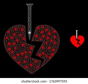 Shiny web mesh break valentine heart with glowing spots. Illuminated vector 2d model created from break valentine heart icon. Sparkle carcass mesh polygonal break valentine heart.