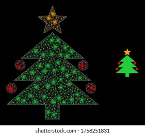Schneewolf-Weihnachtsbaum mit hellen Flecken. Illuminierte Vektor 2d-Konstellation erstellt aus Weihnachtsbaumsymbol. Zarte Rahmenmaschen, polygonaler Weihnachtsbaum.