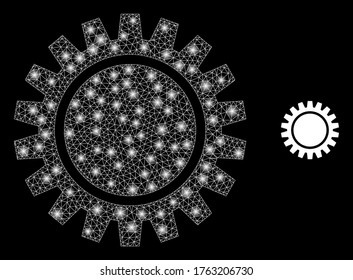 Rueda de malla de tela brillante con focos de luz. Modelo vectorial 2d iluminado creado a partir del icono de la rueda cognitiva. Máscara de malla de espárragos rueda cognoscitiva poligonal. Malla 2D del marco de cables en formato EPS vectorial, líneas,