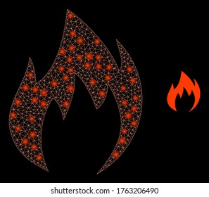 Shiny web mesh fire flame with light spots. Illuminated vector 2d constellation created from fire flame icon. Sparkle carcass mesh polygonal fire flame. Wire carcass 2D mesh in eps10 vector format,