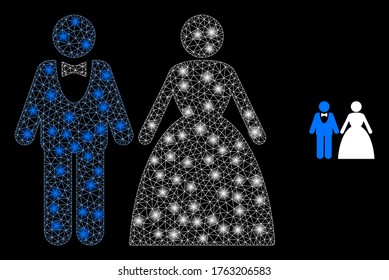 Shiny web mesh groom with bride with light spots. Illuminated vector 2d constellation created from groom with bride icon. Sparkle carcass mesh polygonal groom with bride.