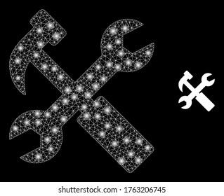 Shiny web mesh hammer and wrench with light spots. Illuminated vector 2d constellation created from hammer and wrench icon. Sparkle frame mesh polygonal hammer and wrench.