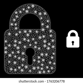 Shiny web mesh lock with light spots. Illuminated vector 2d model created from lock icon. Sparkle carcass mesh polygonal lock. Linear carcass flat mesh in vector EPS format, lines,