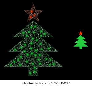 Brillante malla de la red árbol de año nuevo con manchas brillantes. Modelo vectorial 2d iluminado creado a partir del icono de árbol de año nuevo. Malla de marco de espuma árbol poligonal de año nuevo. Malla 2D del marco de cables en formato vector, líneas,