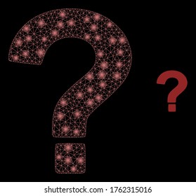 Shiny web mesh question with glowing spots. Illuminated vector 2d model created from question icon. Sparkle carcass mesh polygonal question. Wire carcass 2D mesh in vector EPS format, lines,