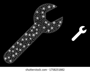 Schlaues Web-Mesh-Reparaturwerkzeug mit Leuchtpunkten. Illuminiertes Vektor 2d-Modell, erstellt aus Reparaturwerkzeug Symbol. Polygonales Reparaturwerkzeug für Schaumkarkasse. Drahtrahmen-2D-Maschen in Vektor-EPS-Format, Linien,