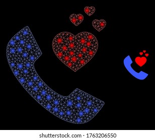 Shiny web mesh romantic phone with lightspots. Illuminated vector 2d constellation created from romantic phone icon. Sparkle frame mesh polygonal romantic phone.