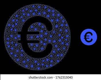Shiny web mesh rounded euro with light spots. Illuminated vector 2d model created from rounded euro icon. Sparkle frame mesh polygonal rounded euro. Linear carcass 2D mesh in vector EPS format, lines,