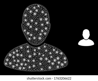 Shiny web mesh user with glowing spots. Illuminated vector 2d constellation created from user icon. Sparkle frame mesh polygonal user. Linear frame 2D mesh in eps10 vector format, lines,