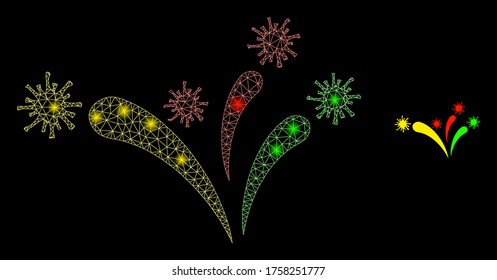 Shiny web mesh virus fireworks with light spots. Illuminated vector 2d model created from virus fireworks icon. Sparkle carcass mesh polygonal virus fireworks.