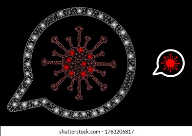Shiny web mesh virus message with lightspots. Illuminated vector 2d constellation created from virus message icon. Sparkle carcass mesh polygonal virus message.