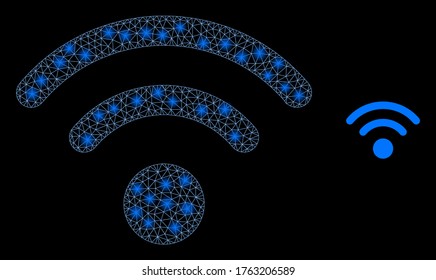 Shiny web mesh wi-fi source with lightspots. Illuminated vector 2d constellation created from wi-fi source icon. Sparkle carcass mesh polygonal wi-fi source.