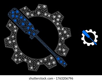 Brillante llave de malla de la red sintonizando con manchas de luz. Constelación vectorial iluminada de 2d creada a partir del icono de ajuste de llave. Ajuste de la llave de la malla de la malla del marco de la aguja.
