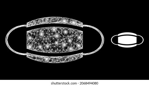 Schlaue Coronavirus-Maske mit Lichtflecken. Wire carcass 2D Maschen, erzeugt aus durchkreuzten weißen Linien und Koronavirus Maske Symbol.