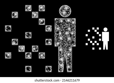 Shiny web model digital man synthesis with light spots. Linear carcass 2D mesh generated with intersected white lines and digital man synthesis icon.