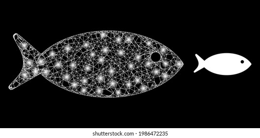 Shiny web model fish with glowing spots. Wire frame flat network generated with intersected white lines and fish icon. White mesh and sparkle frame mesh fish on a black background.