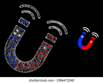 Shiny web model magnet field with glowing spots. Wire carcass 2D mesh generated from crossed white lines and magnet field icon.