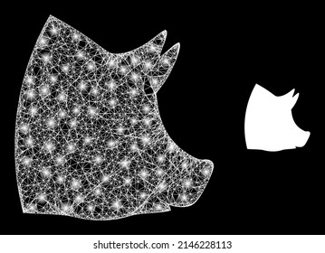 Shiny web model pork head with glowing spots. Wire frame flat mesh generated with intersected white lines and pork head icon. White mesh and sparkle frame mesh pork head on a black background.