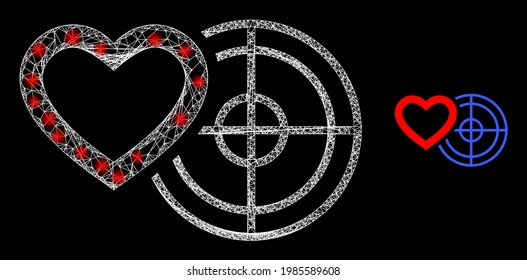 Modelo web brillante blanco romántico de corazón con puntos brillantes. Malla 2D de canal lineal generada con cruces de líneas blancas e icono romántico de objetivo cardíaco.