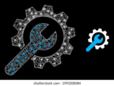 Shiny web model service wheel with light spots. Wire frame flat network generated with intersected white lines and service wheel icon.