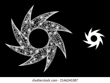 Shiny web model turbine with glowing spots. Wire frame 2D mesh generated with intersected white lines and turbine icon. White mesh and sparkle frame mesh turbine on a black background.